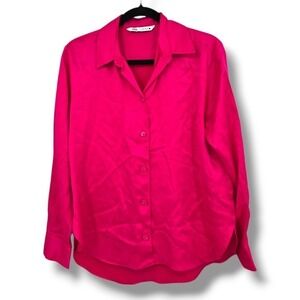 Zara Fuchsia Button-Up Shirt Satin Long Sleeve Collared Bright Pink Top Size S‎